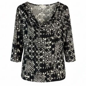 VINTAGE Tradition Printed Cowl Neck Top Black White Grey 3/4 Sleeves Pullover 2X